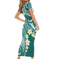 Plumeria With Teal Polynesian Tattoo Pattern Short Sleeve Bodycon Dress LT05 - Polynesian Pride