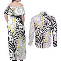 Plumeria With White Polynesian Tattoo Pattern Couples Matching Off Shoulder Maxi Dress and Long Sleeve Button Shirt