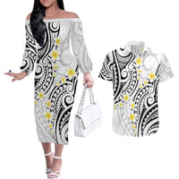 Plumeria With White Polynesian Tattoo Pattern Couples Matching Off The Shoulder Long Sleeve Dress and Hawaiian Shirt