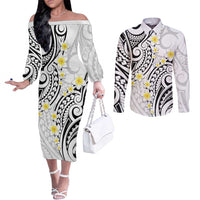 Plumeria With White Polynesian Tattoo Pattern Couples Matching Off The Shoulder Long Sleeve Dress and Long Sleeve Button Shirt