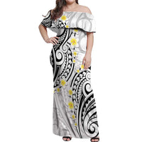 Plumeria With White Polynesian Tattoo Pattern Off Shoulder Maxi Dress