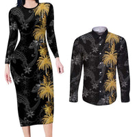 Hawaiian Honu And Surfboards Couples Matching Long Sleeve Bodycon Dress and Long Sleeve Button Shirt Gold Style - Polynesian Pride