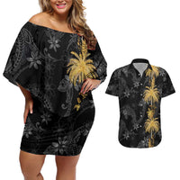 Hawaiian Honu And Surfboards Couples Matching Off Shoulder Short Dress and Hawaiian Shirt Gold Style - Polynesian Pride