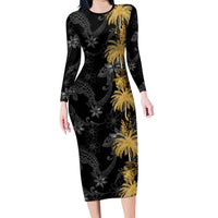 Hawaiian Honu And Surfboards Family Matching Long Sleeve Bodycon Dress and Hawaiian Shirt Gold Style - Polynesian Pride