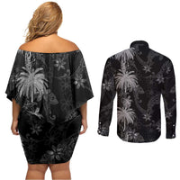 Hawaiian Honu And Surfboards Couples Matching Off Shoulder Short Dress and Long Sleeve Button Shirt Silver Style - Polynesian Pride