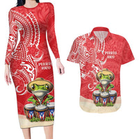 Personalized Puerto Rico Couples Matching Long Sleeve Bodycon Dress and Hawaiian Shirt Coqui Frog With Polynesian Pattern - Polynesian Pride