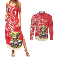 Personalized Puerto Rico Couples Matching Summer Maxi Dress and Long Sleeve Button Shirt Coqui Frog With Polynesian Pattern - Polynesian Pride