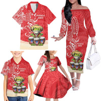 Personalized Puerto Rico Family Matching Off The Shoulder Long Sleeve Dress and Hawaiian Shirt Coqui Frog With Polynesian Pattern - Polynesian Pride