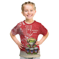 Personalized Puerto Rico Kid T Shirt Coqui Frog With Polynesian Pattern LT05 Red - Polynesian Pride