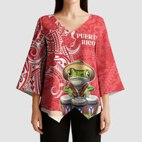 Personalized Puerto Rico Kimono Sleeve Blouse Coqui Frog With Polynesian Pattern - Polynesian Pride