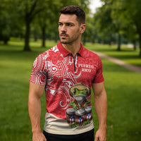Personalized Puerto Rico Zipper Polo Shirt Coqui Frog With Polynesian Pattern - Polynesian Pride