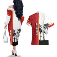 French Polynesia Armistice Day Couples Matching Off The Shoulder Long Sleeve Dress and Hawaiian Shirt Lest We Forget Flag Style