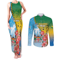 Personalised Malampa Fiji Day Couples Matching Tank Maxi Dress and Long Sleeve Button Shirt Tribal Pattern With Tropical Flowers - Polynesian Pride