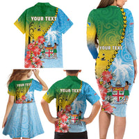 Personalised Malampa Fiji Day Family Matching Long Sleeve Bodycon Dress and Hawaiian Shirt Tribal Pattern With Tropical Flowers - Polynesian Pride