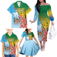 Personalised Malampa Fiji Day Family Matching Off The Shoulder Long Sleeve Dress and Hawaiian Shirt Tribal Pattern With Tropical Flowers - Polynesian Pride
