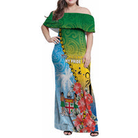 Personalised Malampa Fiji Day Family Matching Off Shoulder Maxi Dress and Hawaiian Shirt Tribal Pattern With Tropical Flowers - Polynesian Pride