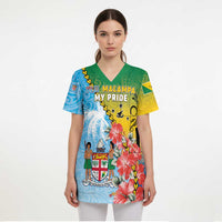 Personalised Malampa Fiji Day Scrub Top Tribal Pattern With Tropical Flowers LT05 - Polynesian Pride