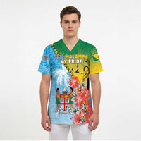 Personalised Malampa Fiji Day Scrub Top Tribal Pattern With Tropical Flowers LT05 - Polynesian Pride