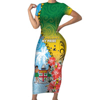 Personalised Malampa Fiji Day Short Sleeve Bodycon Dress Tribal Pattern With Tropical Flowers - Polynesian Pride