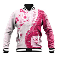 Bula Fiji Baseball Jacket Pink Plumeria Masi Tapa Pattern - Polynesian Pride