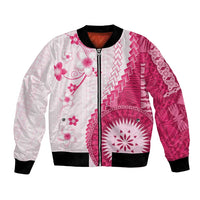 Bula Fiji Bomber Jacket Pink Plumeria Masi Tapa Pattern - Polynesian Pride