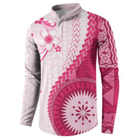 Bula Fiji Button Sweatshirt Pink Plumeria Masi Tapa Pattern - Polynesian Pride