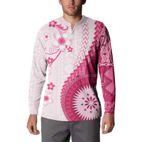 Bula Fiji Button Sweatshirt Pink Plumeria Masi Tapa Pattern - Polynesian Pride