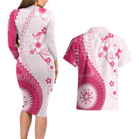 Bula Fiji Couples Matching Long Sleeve Bodycon Dress and Hawaiian Shirt Pink Plumeria Masi Tapa Pattern - Polynesian Pride