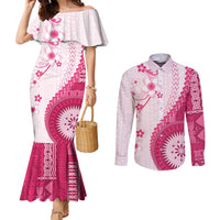 Bula Fiji Couples Matching Mermaid Dress and Long Sleeve Button Shirt Pink Plumeria Masi Tapa Pattern - Polynesian Pride