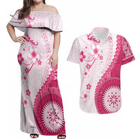 Bula Fiji Couples Matching Off Shoulder Maxi Dress and Hawaiian Shirt Pink Plumeria Masi Tapa Pattern - Polynesian Pride