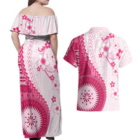 Bula Fiji Couples Matching Off Shoulder Maxi Dress and Hawaiian Shirt Pink Plumeria Masi Tapa Pattern - Polynesian Pride