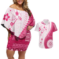 Bula Fiji Couples Matching Off Shoulder Short Dress and Hawaiian Shirt Pink Plumeria Masi Tapa Pattern - Polynesian Pride