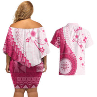 Bula Fiji Couples Matching Off Shoulder Short Dress and Hawaiian Shirt Pink Plumeria Masi Tapa Pattern - Polynesian Pride