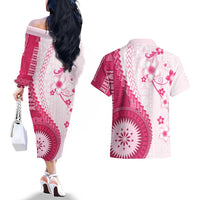 Bula Fiji Couples Matching Off The Shoulder Long Sleeve Dress and Hawaiian Shirt Pink Plumeria Masi Tapa Pattern - Polynesian Pride