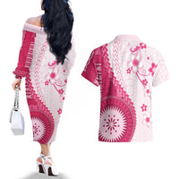 Bula Fiji Couples Matching Off The Shoulder Long Sleeve Dress and Hawaiian Shirt Pink Plumeria Masi Tapa Pattern - Polynesian Pride