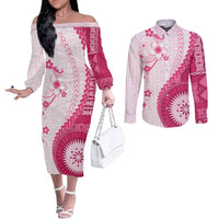 Bula Fiji Couples Matching Off The Shoulder Long Sleeve Dress and Long Sleeve Button Shirt Pink Plumeria Masi Tapa Pattern - Polynesian Pride
