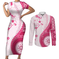 Bula Fiji Couples Matching Short Sleeve Bodycon Dress and Long Sleeve Button Shirt Pink Plumeria Masi Tapa Pattern - Polynesian Pride