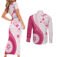 Bula Fiji Couples Matching Short Sleeve Bodycon Dress and Long Sleeve Button Shirt Pink Plumeria Masi Tapa Pattern - Polynesian Pride