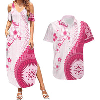 Bula Fiji Couples Matching Summer Maxi Dress and Hawaiian Shirt Pink Plumeria Masi Tapa Pattern - Polynesian Pride