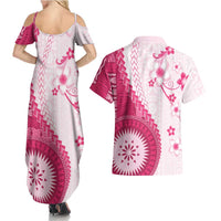 Bula Fiji Couples Matching Summer Maxi Dress and Hawaiian Shirt Pink Plumeria Masi Tapa Pattern - Polynesian Pride