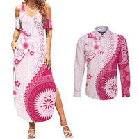 Bula Fiji Couples Matching Summer Maxi Dress and Long Sleeve Button Shirt Pink Plumeria Masi Tapa Pattern - Polynesian Pride