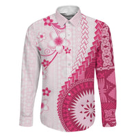 Bula Fiji Family Matching Mermaid Dress and Hawaiian Shirt Pink Plumeria Masi Tapa Pattern LT05 Dad's Shirt - Long Sleeve Pink - Polynesian Pride