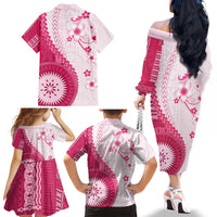Bula Fiji Family Matching Off The Shoulder Long Sleeve Dress and Hawaiian Shirt Pink Plumeria Masi Tapa Pattern - Polynesian Pride