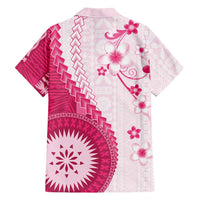 Bula Fiji Family Matching Off The Shoulder Long Sleeve Dress and Hawaiian Shirt Pink Plumeria Masi Tapa Pattern LT05 - Polynesian Pride