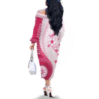 Bula Fiji Family Matching Off The Shoulder Long Sleeve Dress and Hawaiian Shirt Pink Plumeria Masi Tapa Pattern - Polynesian Pride