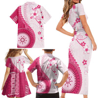 Bula Fiji Family Matching Short Sleeve Bodycon Dress and Hawaiian Shirt Pink Plumeria Masi Tapa Pattern - Polynesian Pride