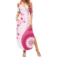 Bula Fiji Family Matching Summer Maxi Dress and Hawaiian Shirt Pink Plumeria Masi Tapa Pattern - Polynesian Pride