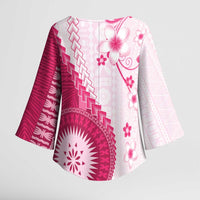 Bula Fiji Kimono Sleeve Blouse Pink Plumeria Masi Tapa Pattern - Polynesian Pride