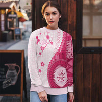 Bula Fiji Ugly Christmas Sweater Pink Plumeria Masi Tapa Pattern - Polynesian Pride