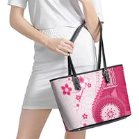 Bula Fiji Leather Tote Bag Pink Plumeria Masi Tapa Pattern - Polynesian Pride
